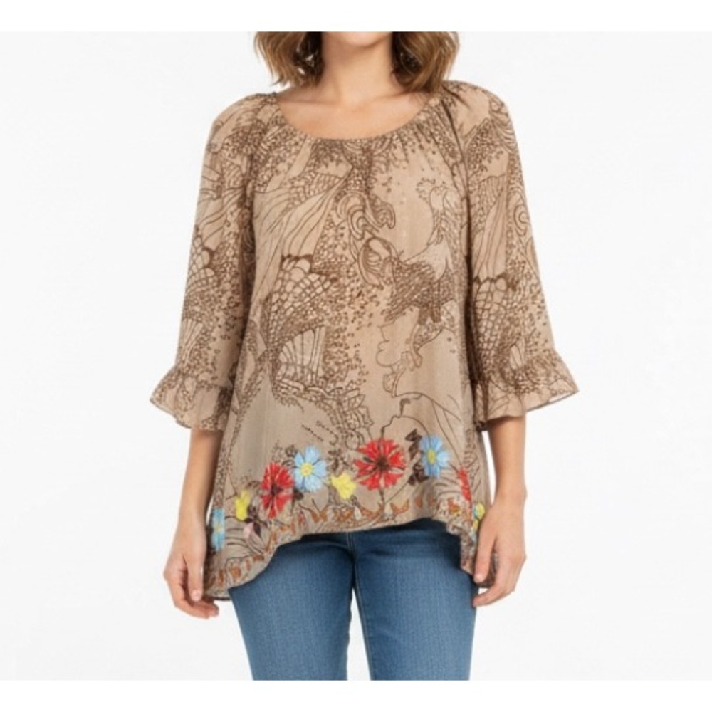IVY JANE Tan/Brown BIRD PRINT Colorful FLORAL EMBROIDERED Chiffon BLOUSE/TOP XS